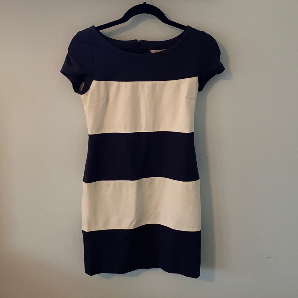 Blue and white striped dress